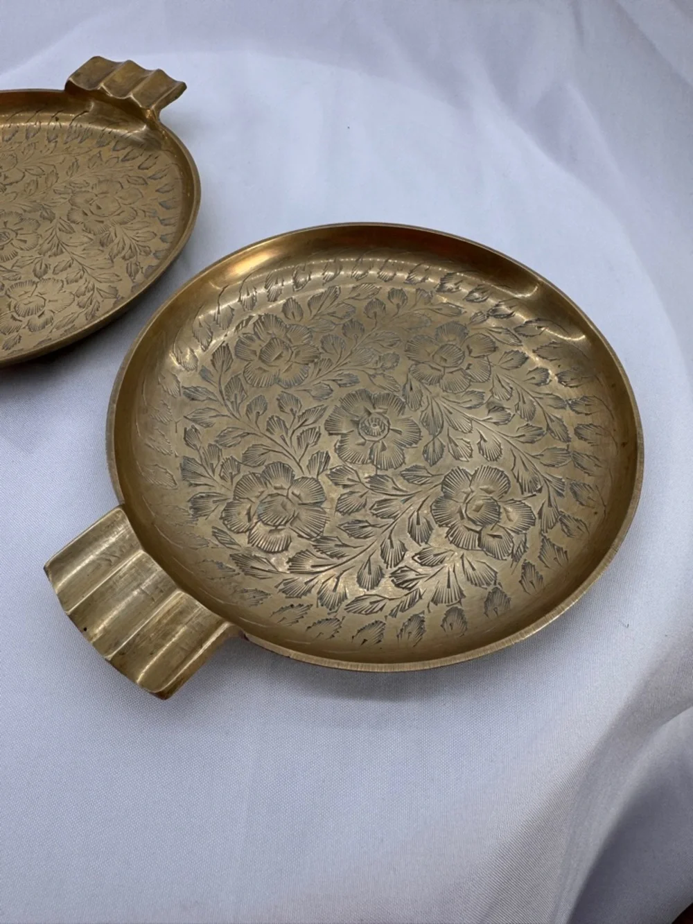 MCM Boho Decor Vintage Etched Brass Floral Ashtray & Walnut Wood Trinket Dish